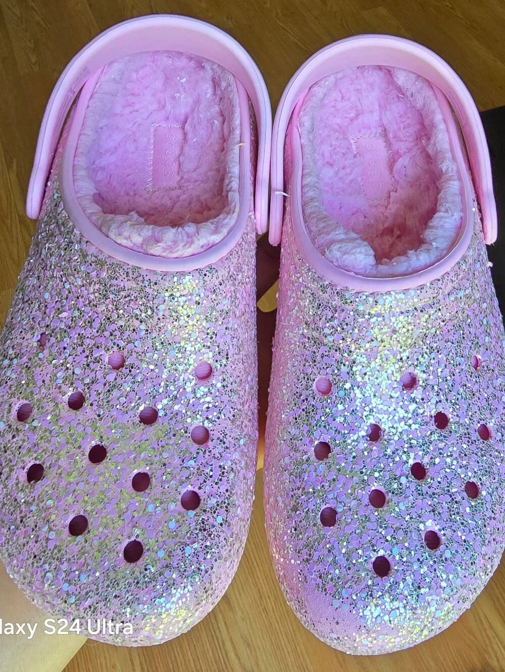 Sz 3 Little Girl's CROCS CLASSIC PINK  GLITTER LINED comfort Clogs